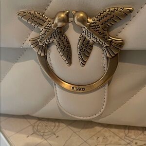 Pinko cream leather shoulder bag with gold Love Birds hardware